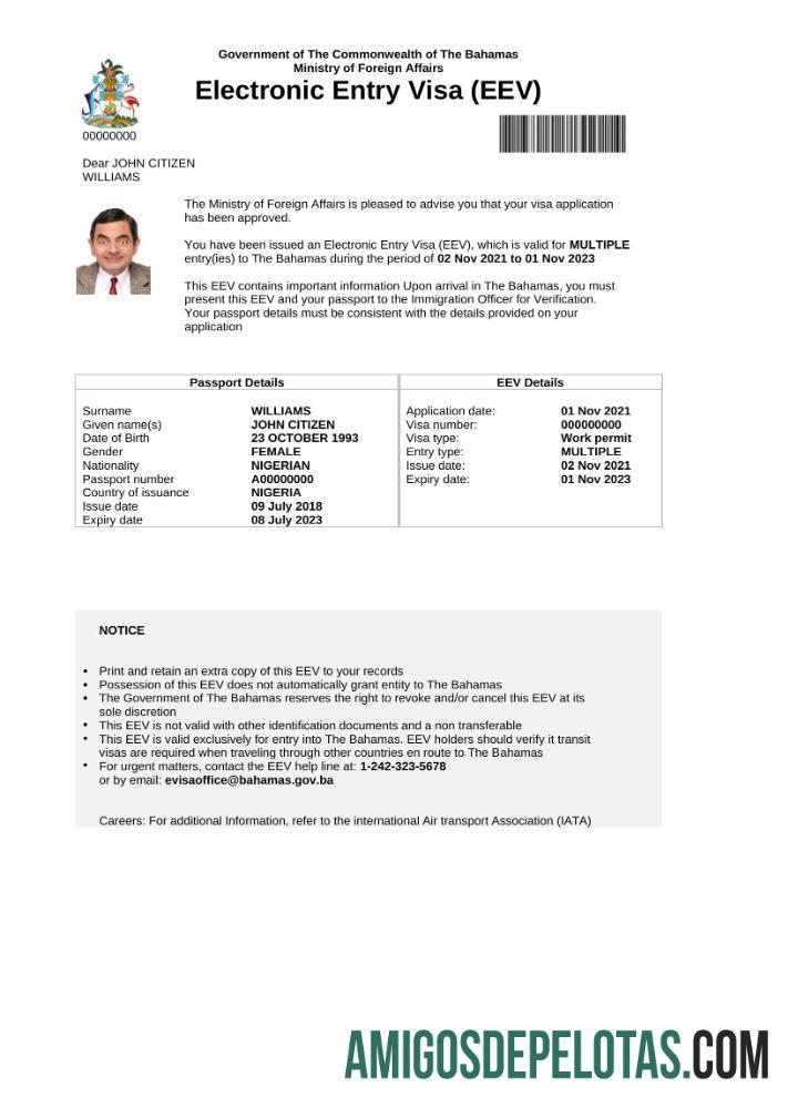 imprimível Visto Bahamas E em modelo Word e PDF